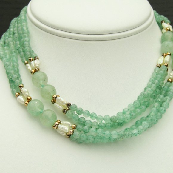 Green Aventurine Beaded Necklace with Pearls 30" - Picture 2 of 5